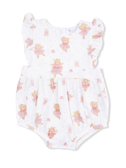 White baby romper with ballet bear prints and ruffled sleeves, perfect for playful, stylish infants.