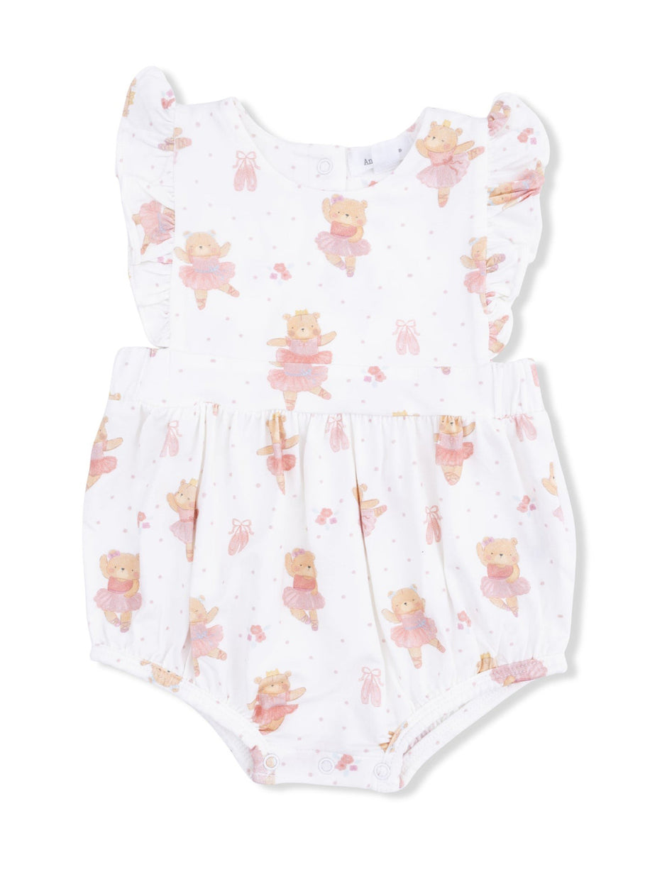 White baby romper with ballet bear prints and ruffled sleeves, perfect for playful, stylish infants.