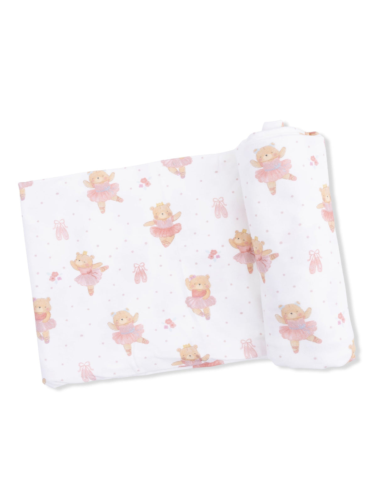 Ballet-themed baby blanket featuring cute teddy bears in pink tutus against a white background.