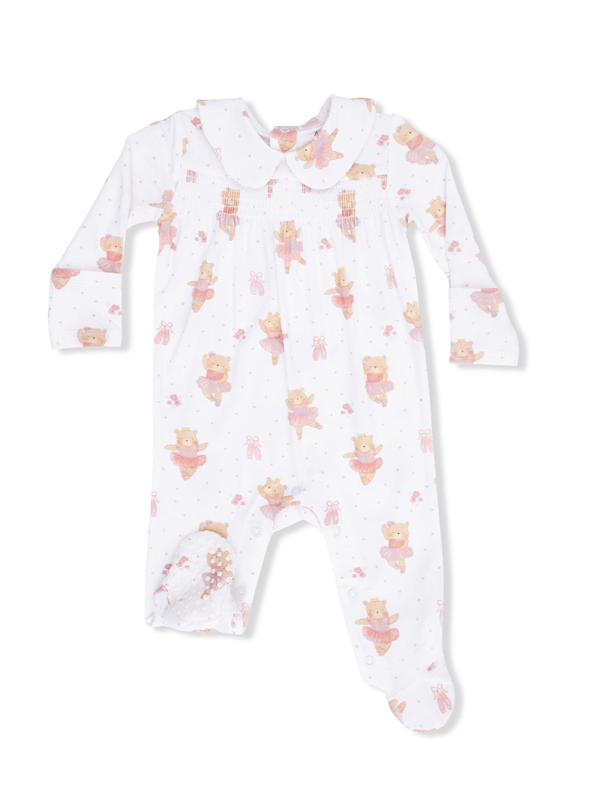 White baby onesie with a playful bear print wearing tutus, featuring a collared neckline and footed design.