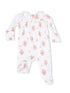 White baby onesie with a playful bear print wearing tutus, featuring a collared neckline and footed design.