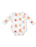 White long-sleeve onesie featuring colorful teddy bear illustrations in various poses.
