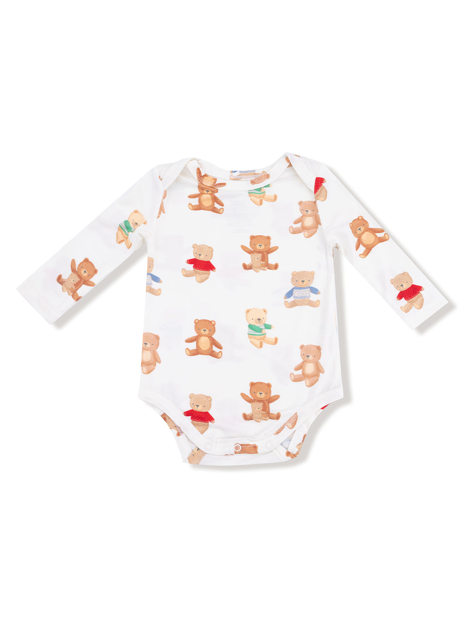 White long-sleeve onesie featuring colorful teddy bear illustrations in various poses.