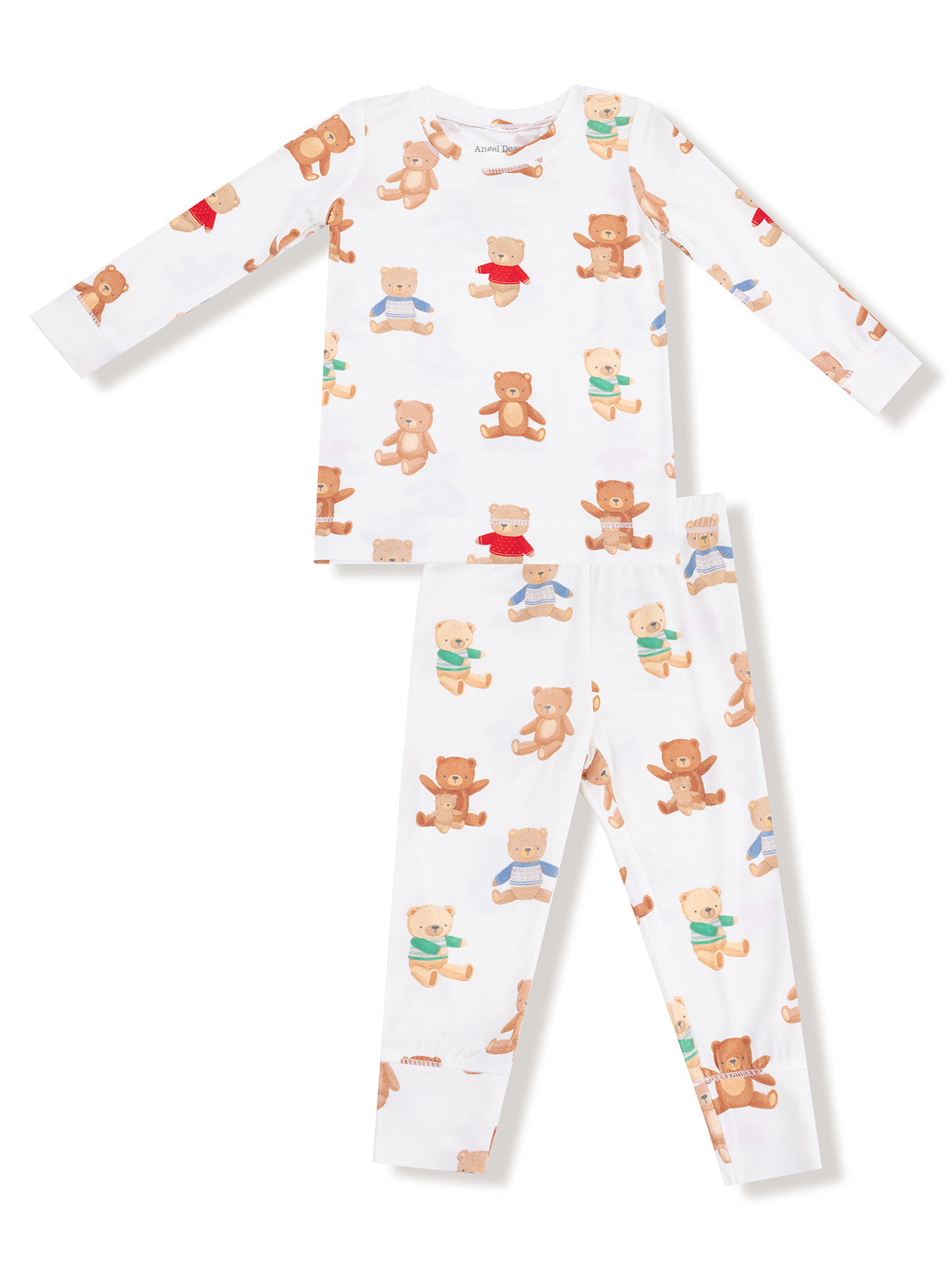 White pajama set featuring cute teddy bear prints on the top and pants. Ideal for kids' sleepwear.