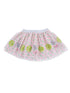 Pink plaid skirt with tennis-themed embellishments, featuring green tennis balls and rackets.