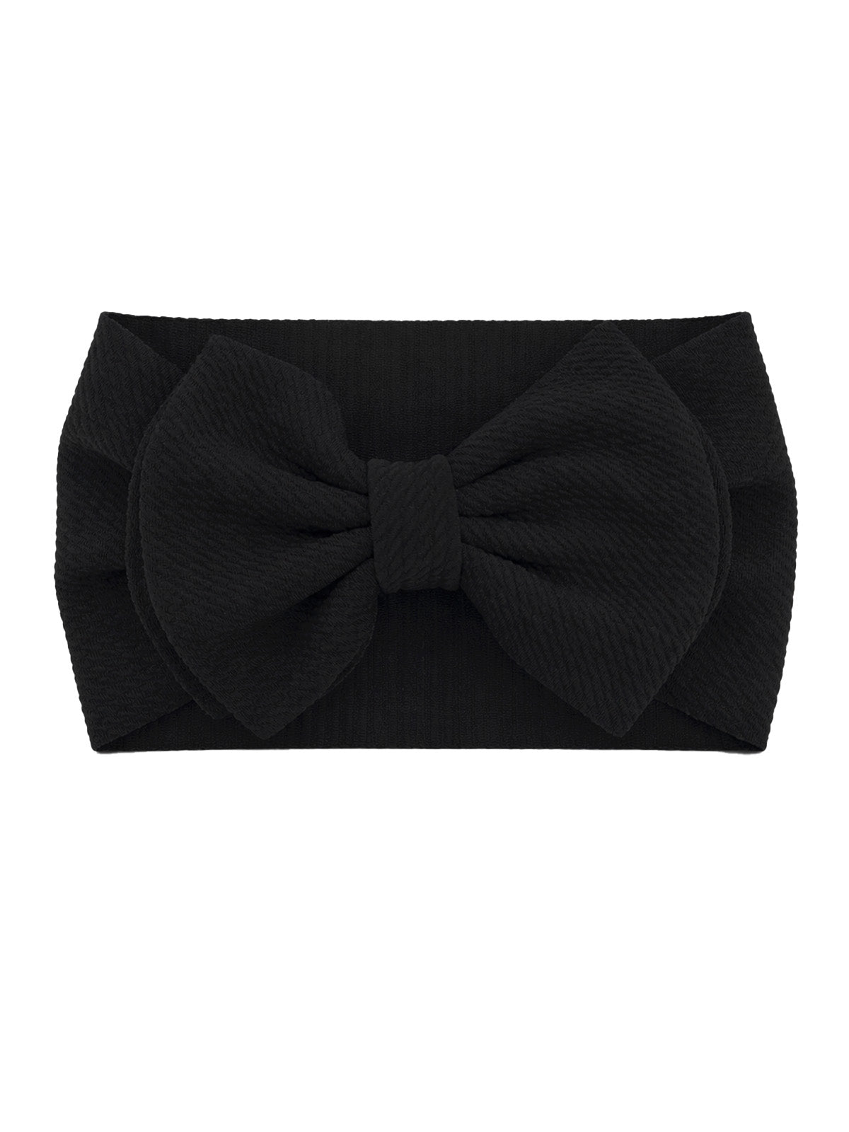 Black fabric headband with a large bow at the center, showcasing textured material. Ideal for stylish hair accessory.