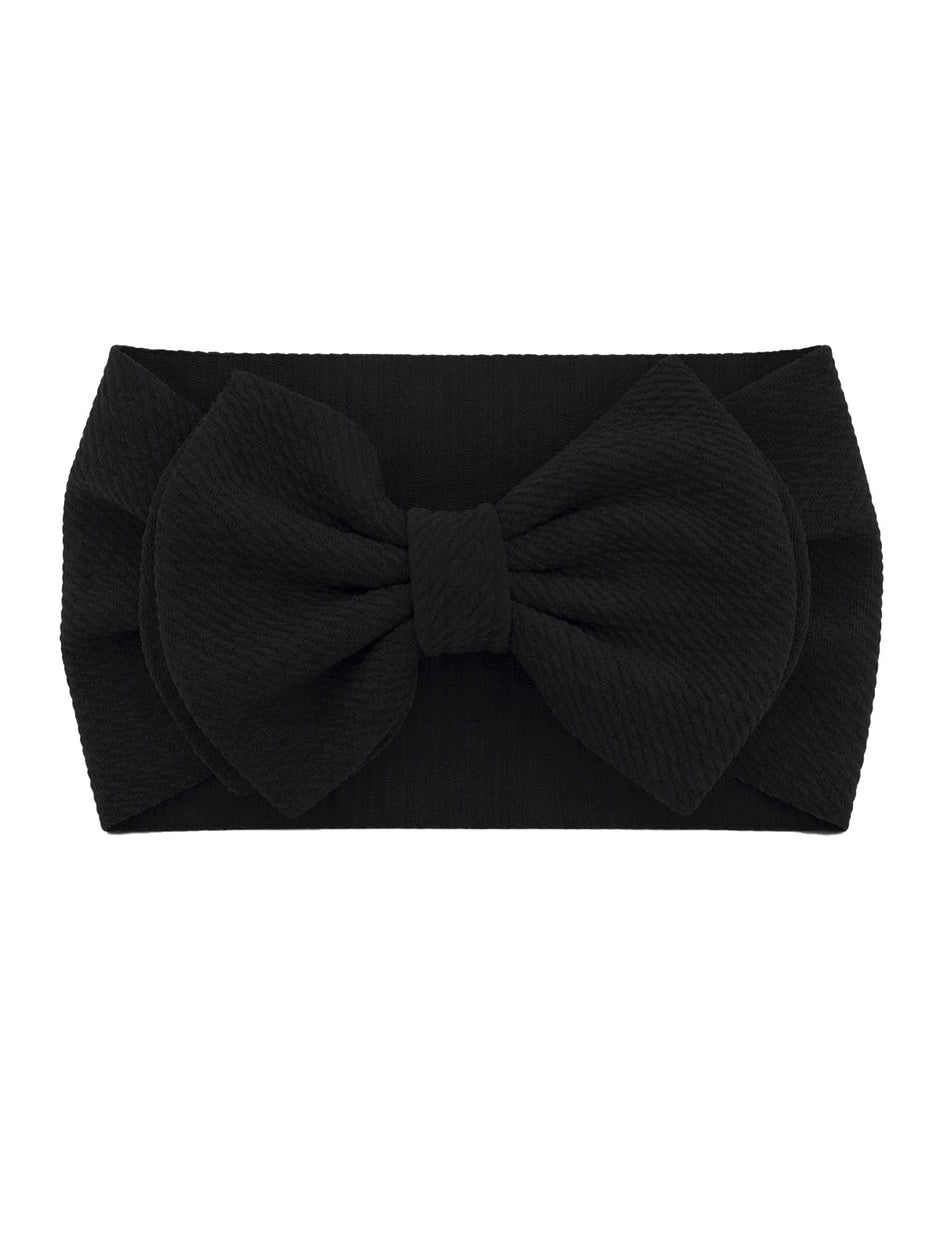 Black fabric headband with a large bow at the center, showcasing textured material. Ideal for stylish hair accessory.