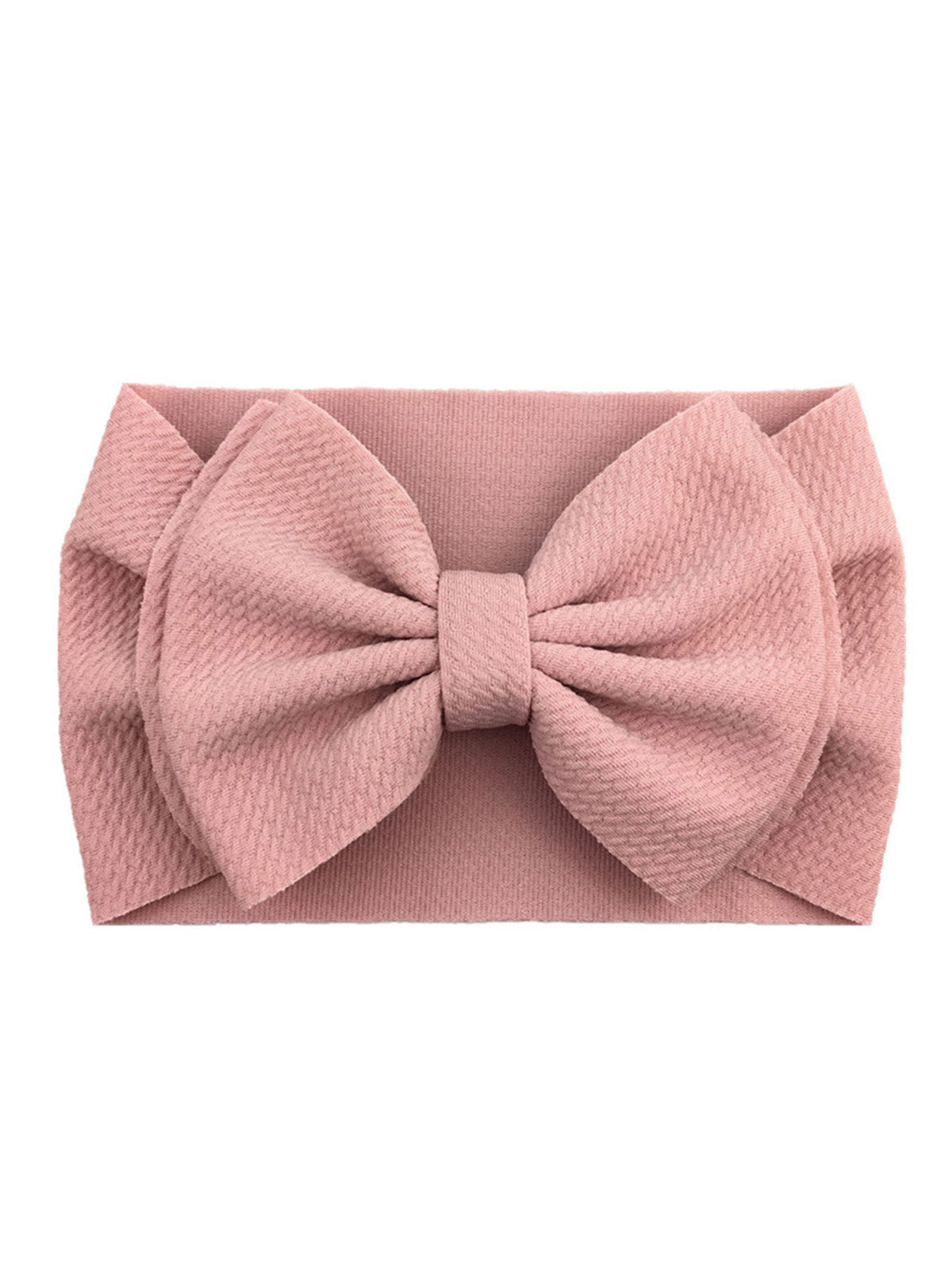 Pink fabric headband with a large bow in the center, textured and stylish for casual wear.