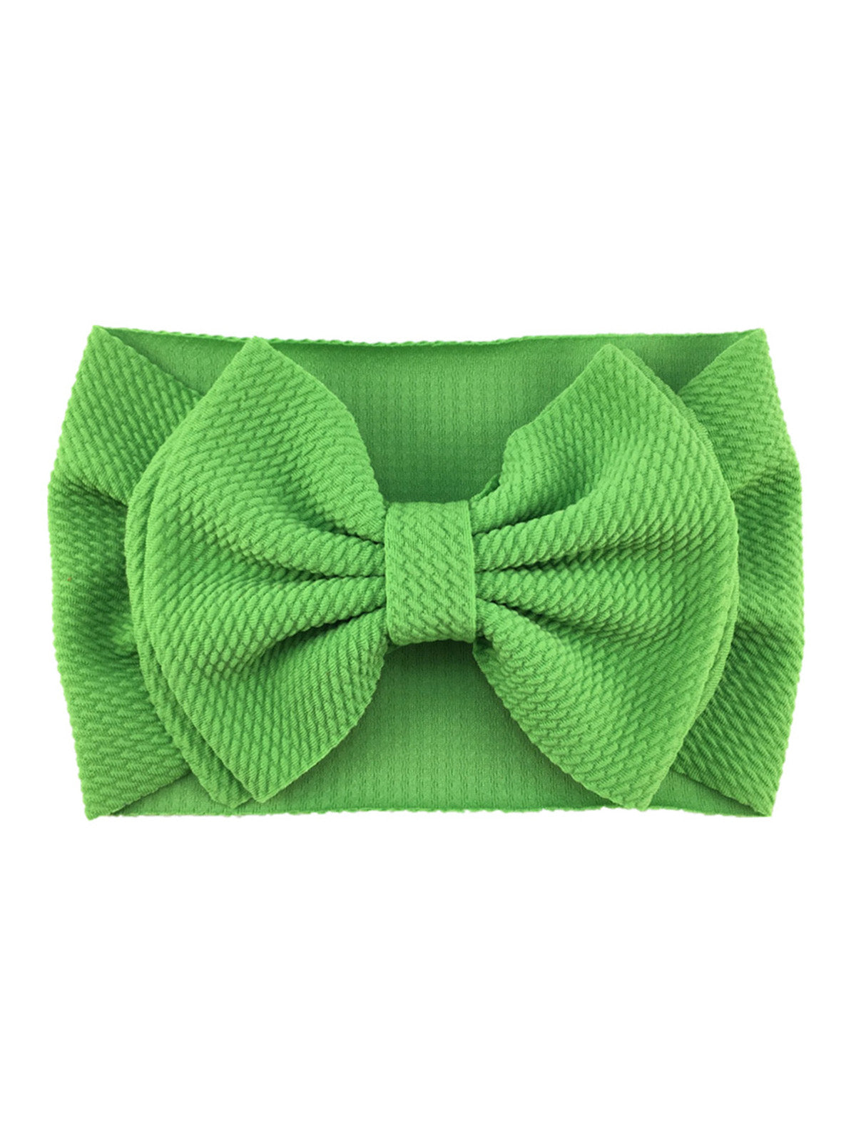 Bright green fabric headband with a large textured bow in the center. Ideal for kids or fashion accessories.
