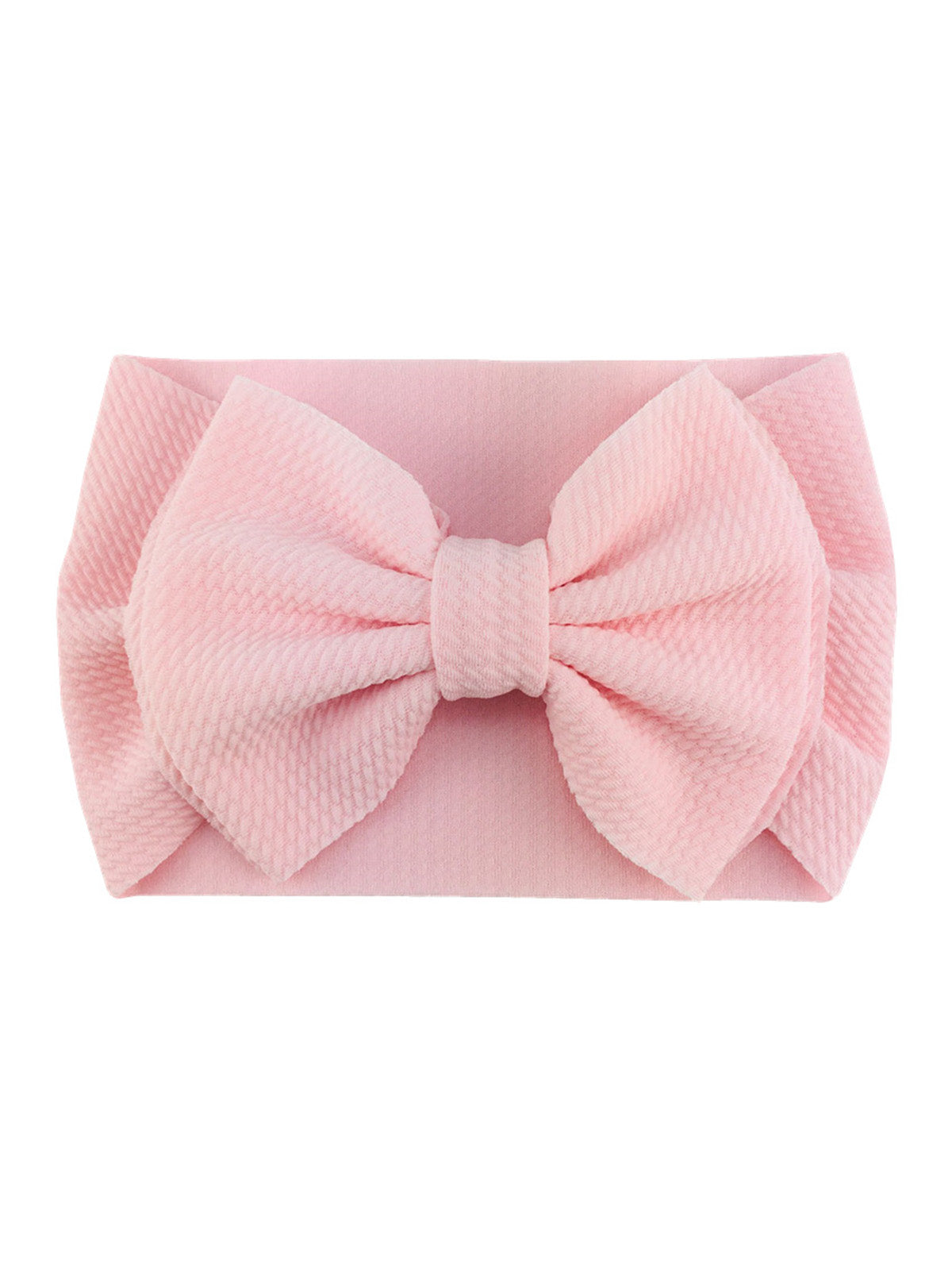 Pink fabric headband with a large bow, textured detailing, perfect for stylish hair accessories.