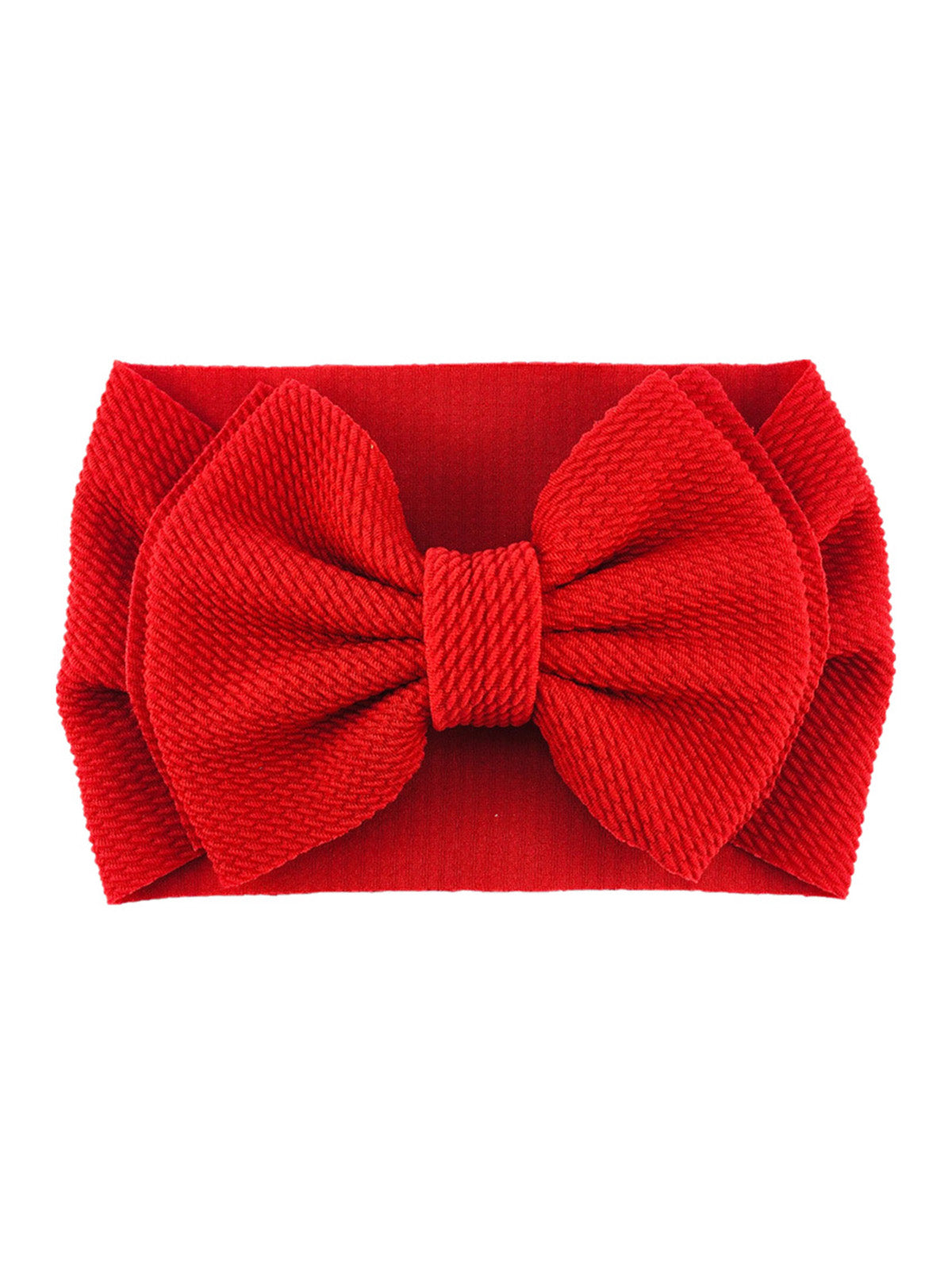 Red fabric headband with a large textured bow in the center.