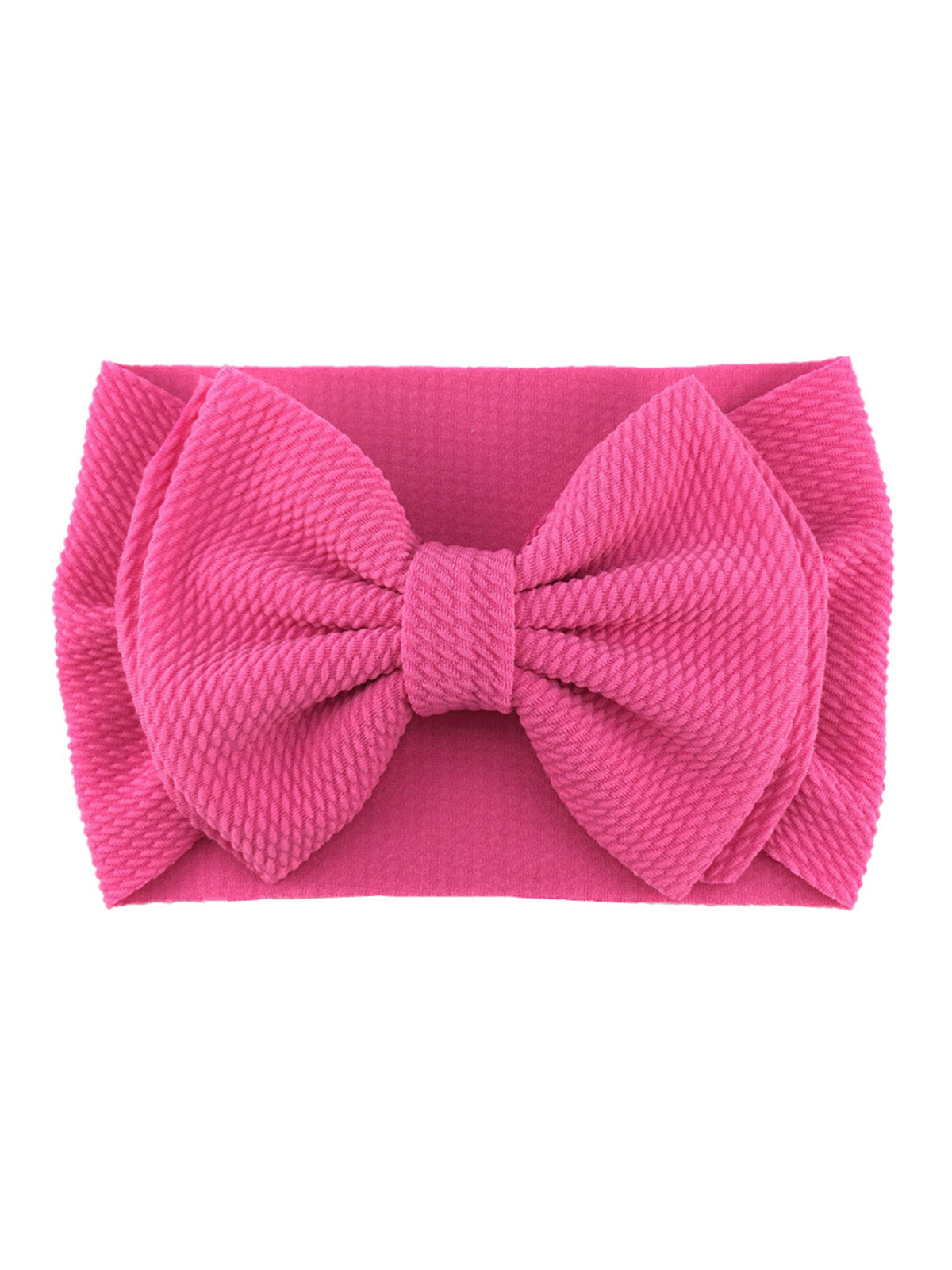 Pink textured bow on a matching headband, suitable for children and fashion accessories.