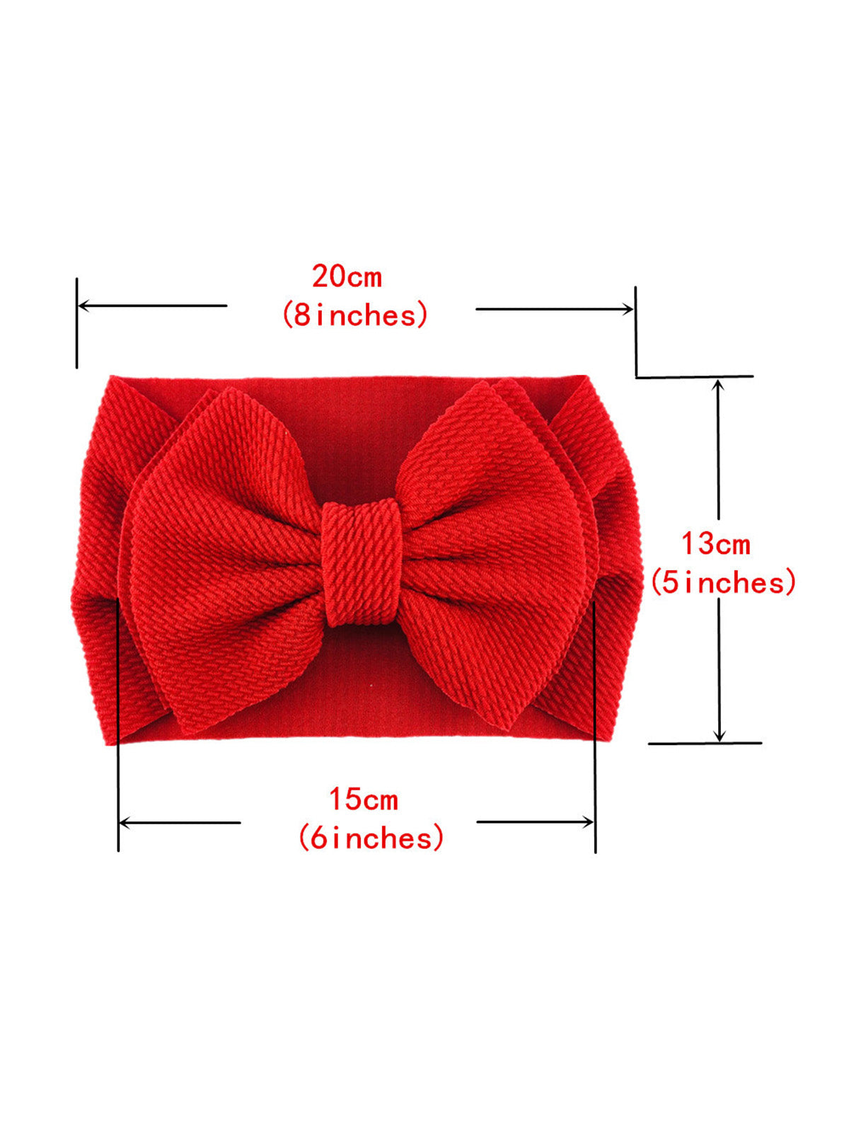 Red fabric hair bow with dimensions: 20cm wide, 15cm tall, 13cm deep, featuring a central knot.