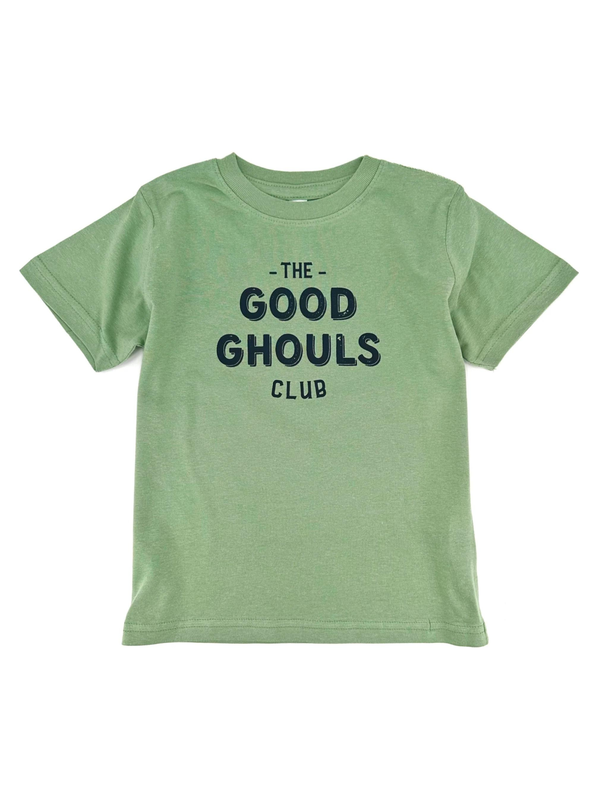 Green t-shirt featuring the text "THE GOOD GHOULS CLUB" in dark lettering.