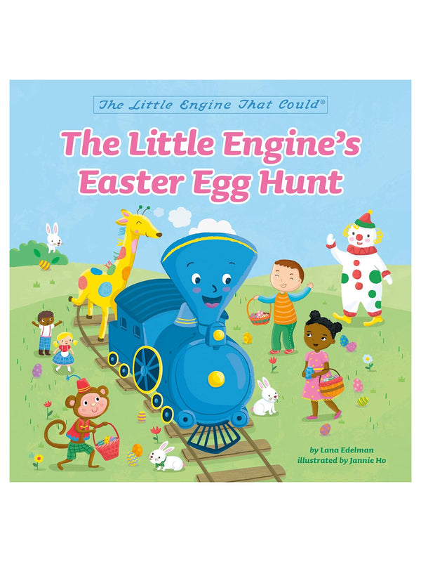 Cover of "The Little Engine's Easter Egg Hunt," featuring a blue train and children hunting for eggs in a colorful scene.