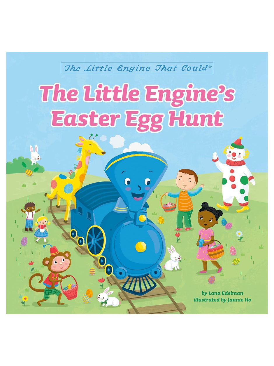 Cover of "The Little Engine's Easter Egg Hunt," featuring a blue train and children hunting for eggs in a colorful scene.