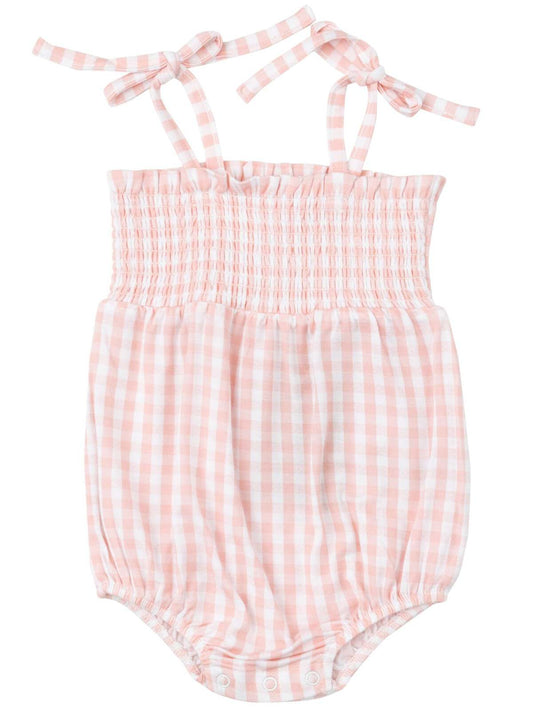 Tie Strap Smocked Bubble, Mini Gingham Pink