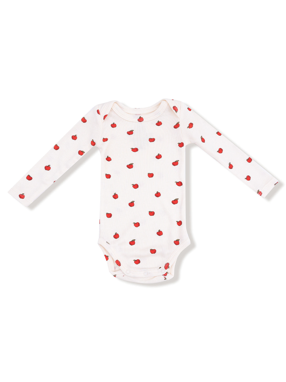 Long-sleeve baby bodysuit in white with red apple print pattern.