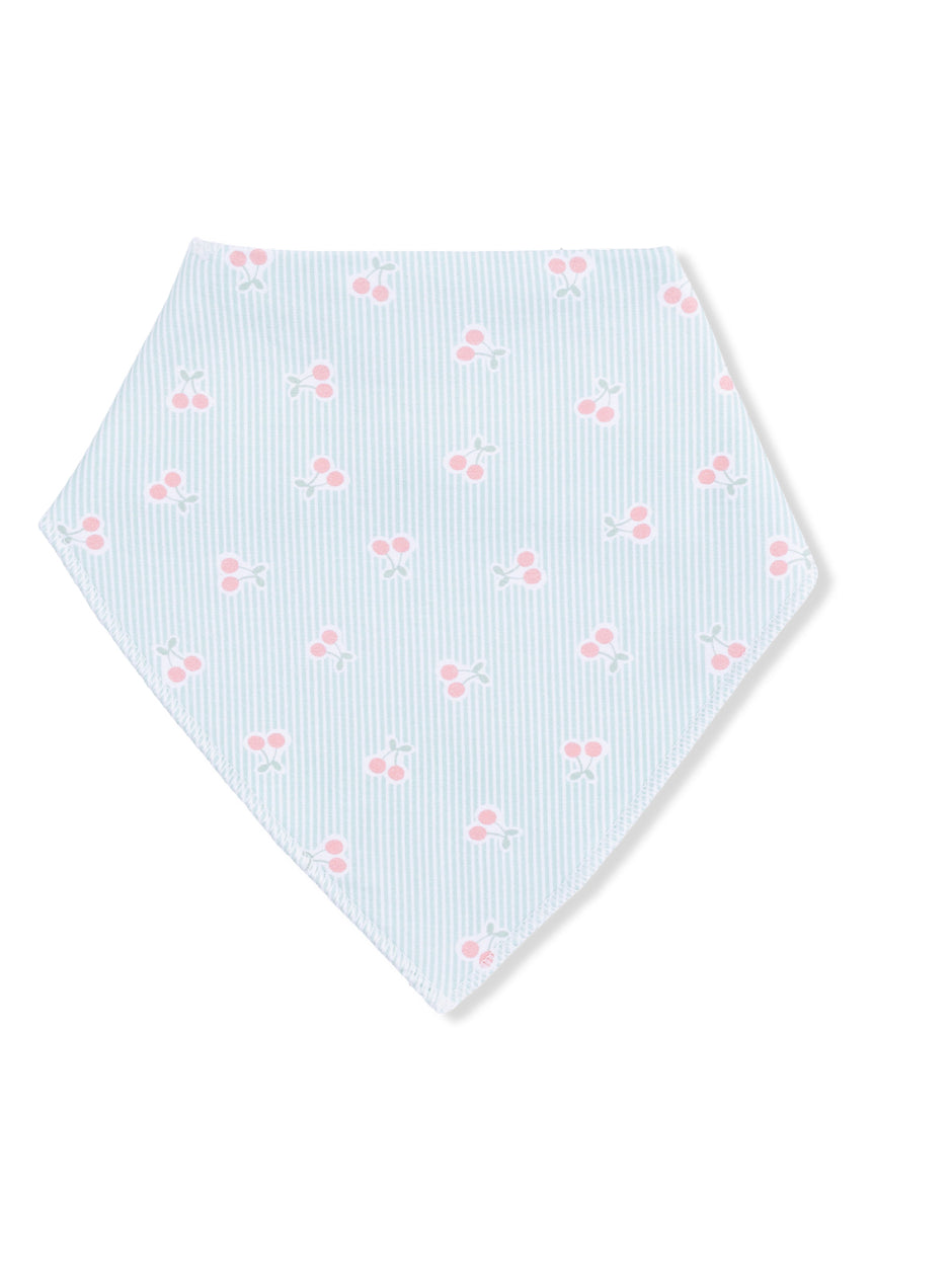 Light blue bandana with pink cherry pattern and white stripes.