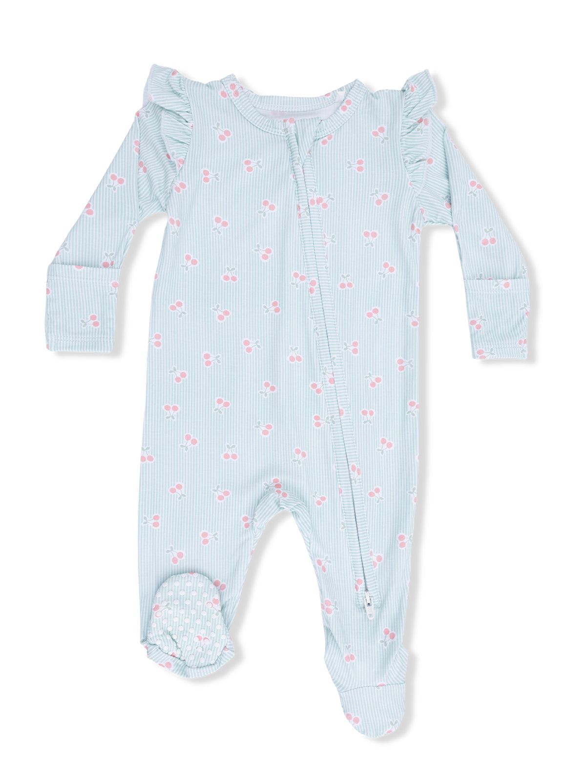 Light blue striped onesie with pink floral patterns and ruffle sleeves, ideal for infants.