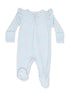 Light blue striped onesie with pink floral patterns and ruffle sleeves, ideal for infants.