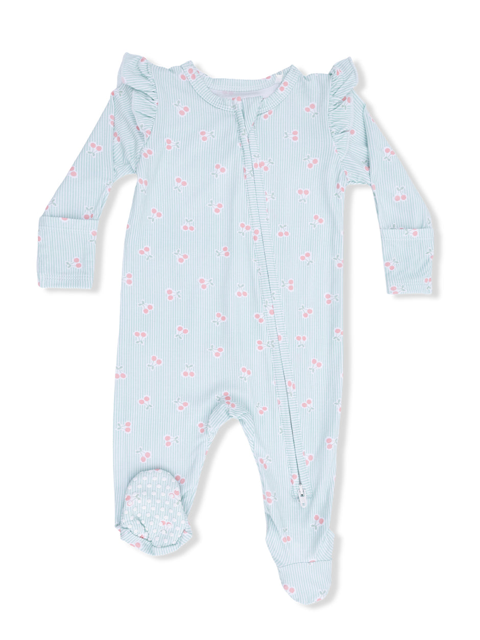 Light blue striped onesie with pink floral patterns and ruffle sleeves, ideal for infants.
