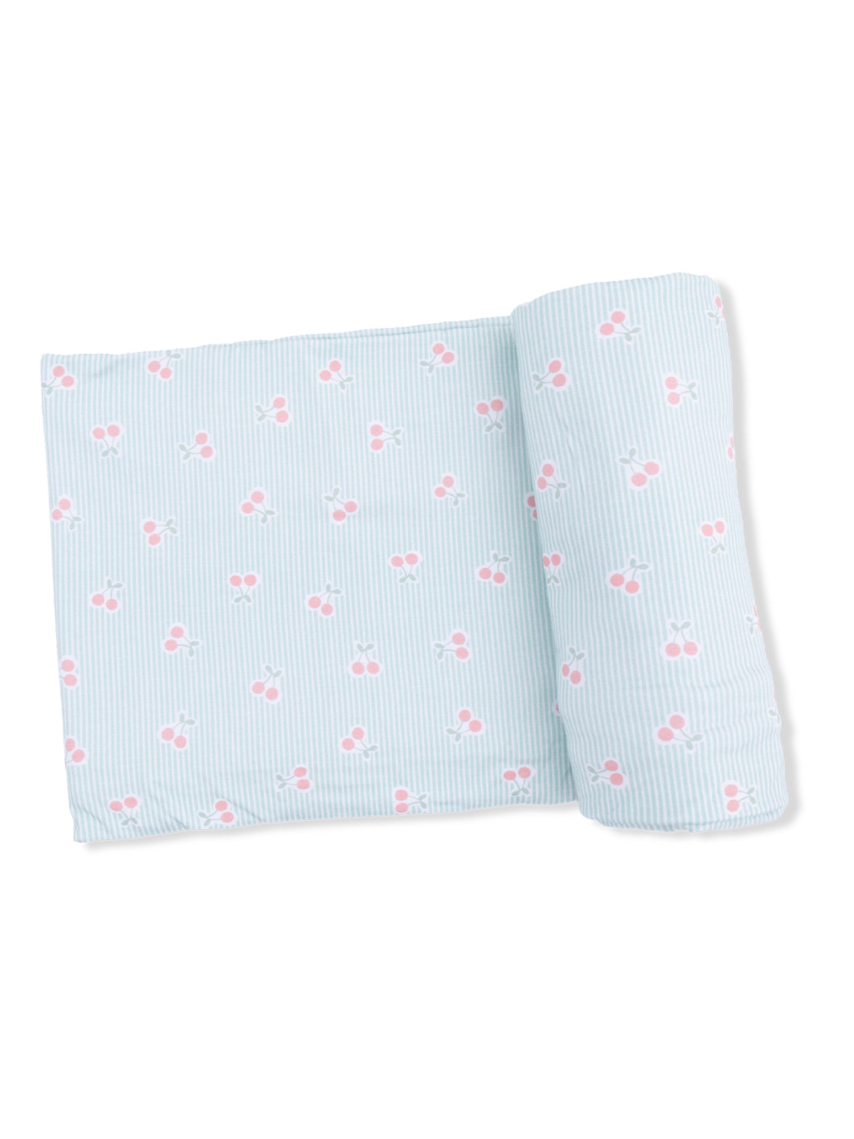 Light blue fabric with pink cherry patterns, rolled up on one side.