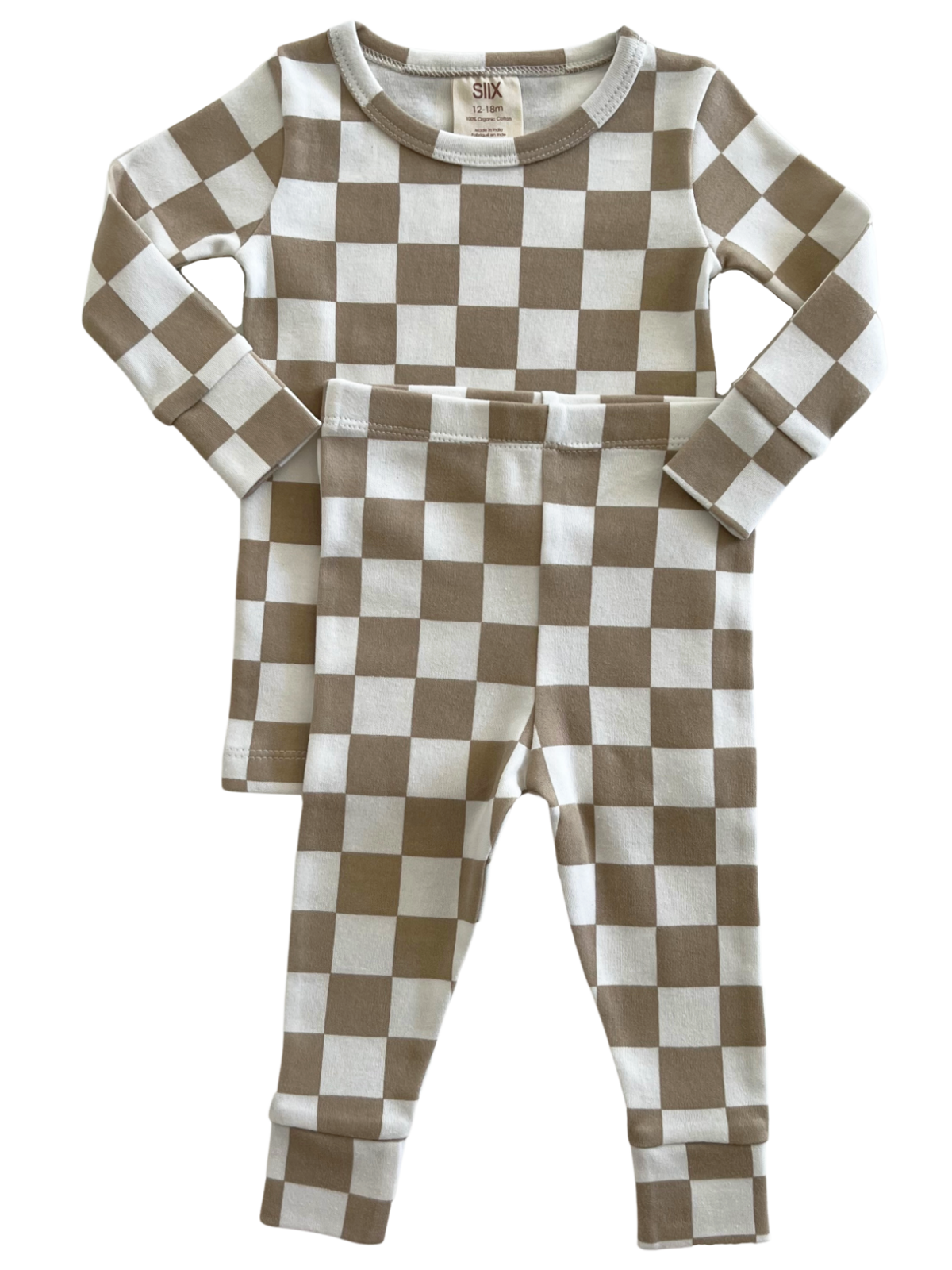 Tan and white checkered children’s pajamas, including long-sleeve top and matching pants.
