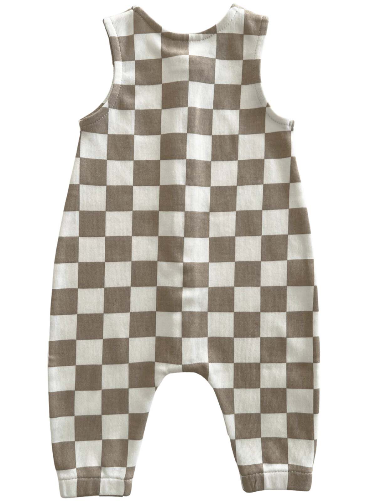 Tan and white checkered toddler romper, sleeveless, with leg openings for easy wear.