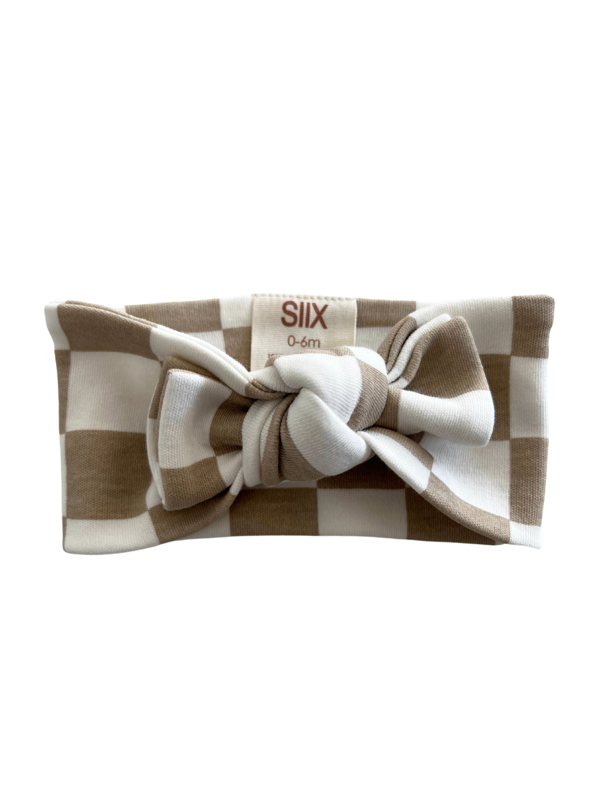 Brown and white checkered baby headband with a front knot, suitable for ages 0-6 months.