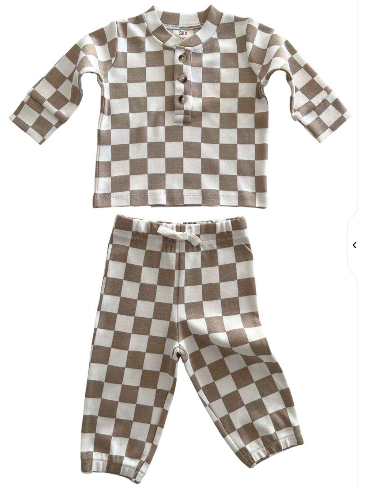 Light brown and white checkered baby outfit featuring a long-sleeve top and matching pants.