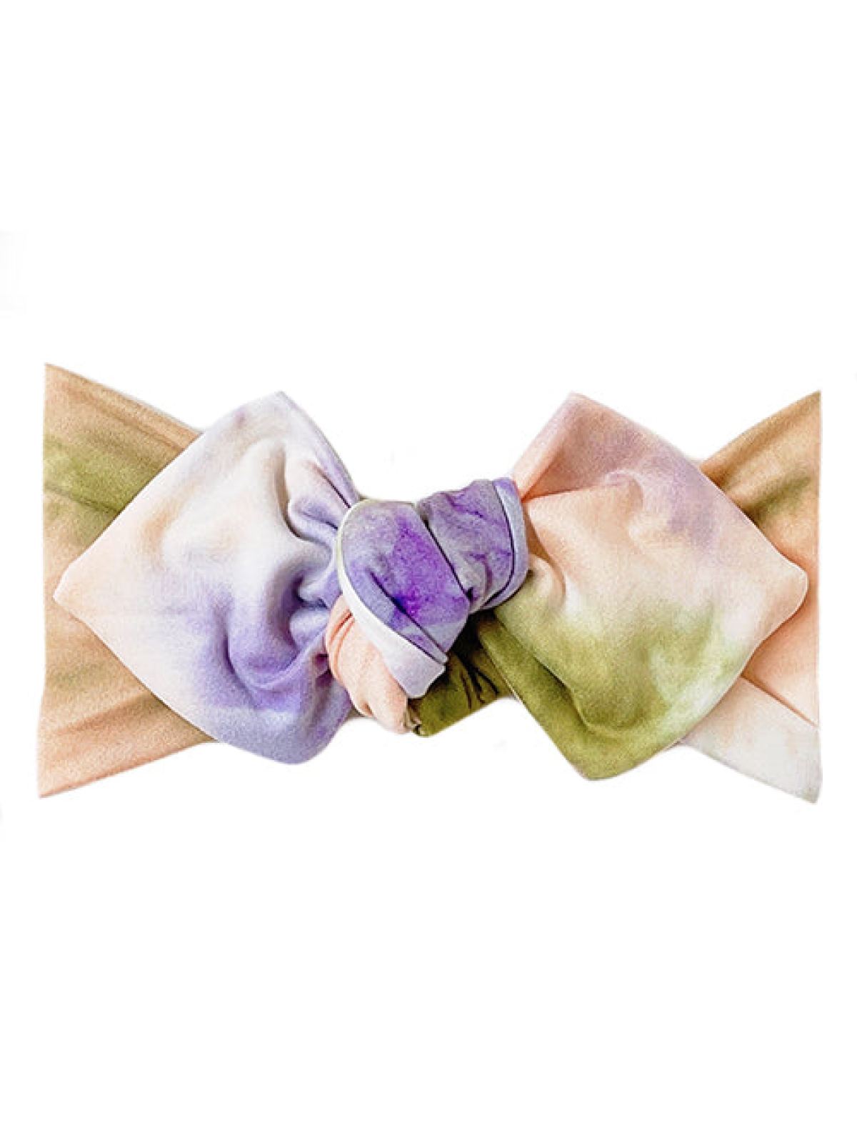 Pastel tie-dye headband with a large bow, featuring shades of purple, pink, and green.