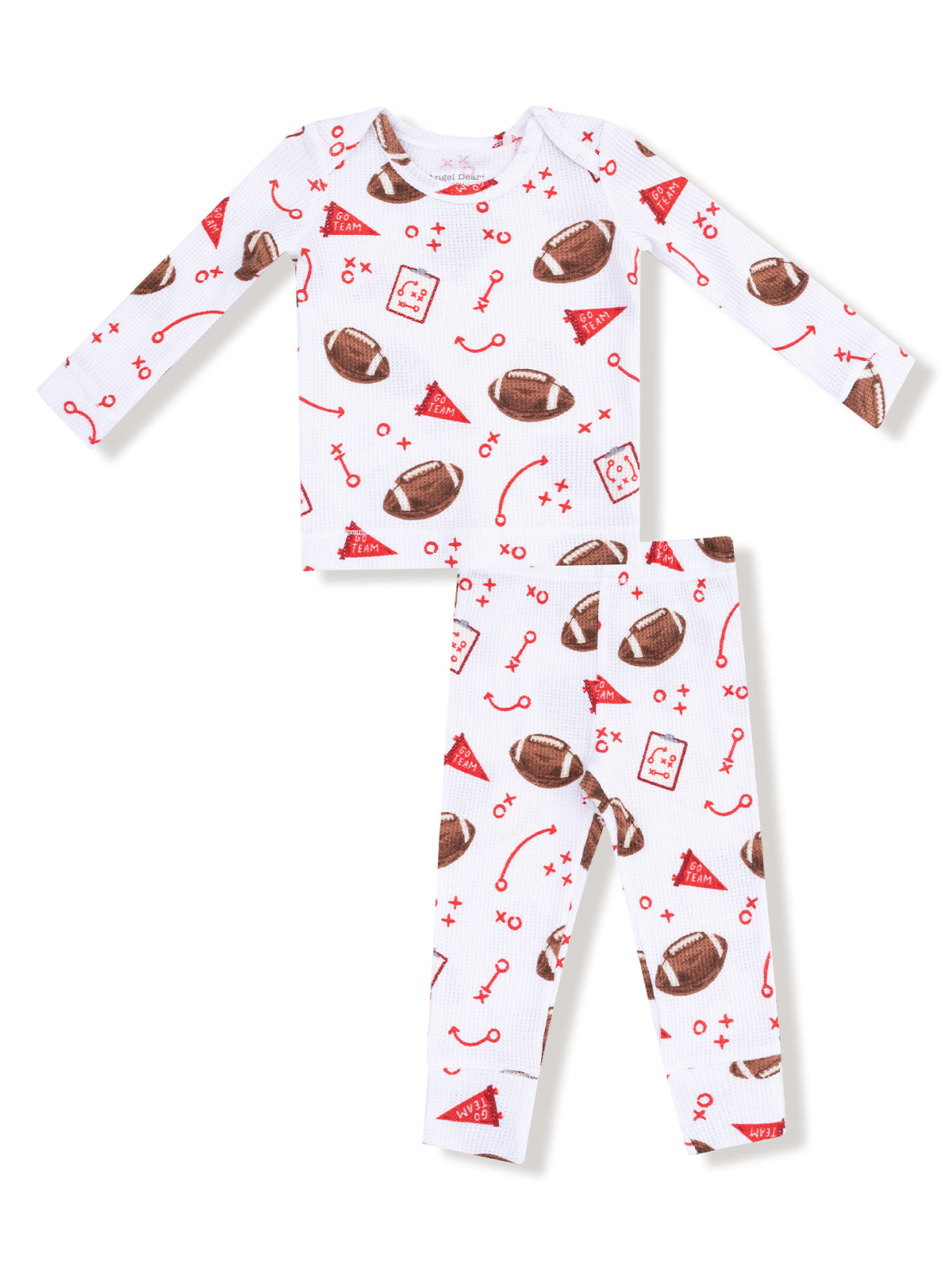 Kids' pajamas featuring a fun football pattern in red and brown on a white background.