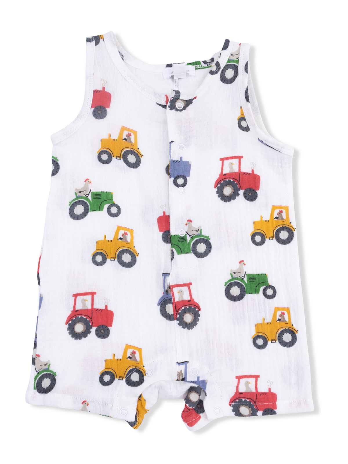 White romper featuring colorful tractor prints for infants. Perfect for playful, casual wear.