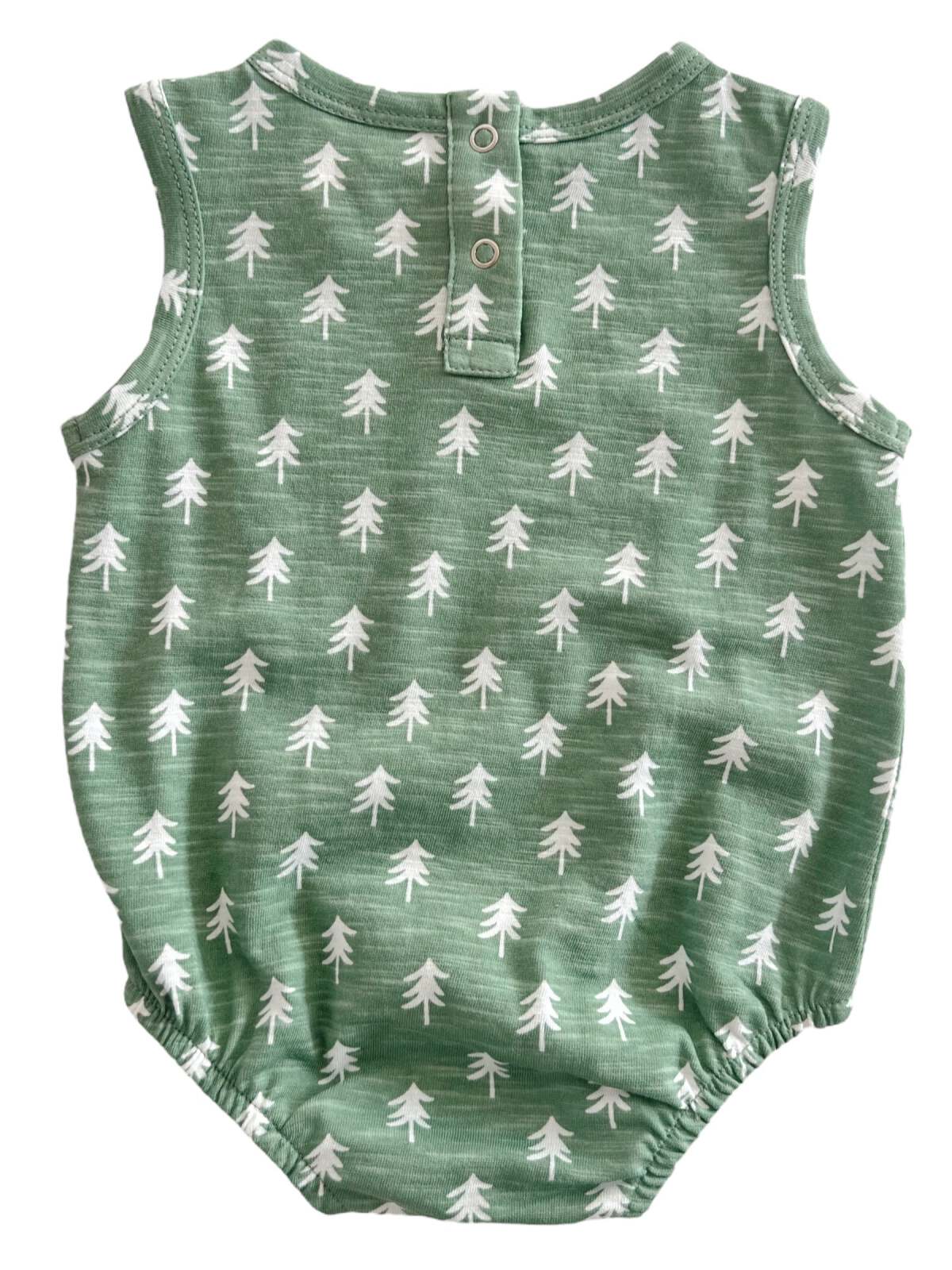 Green baby romper with white tree print and button closure at the back. Ideal for casual wear.