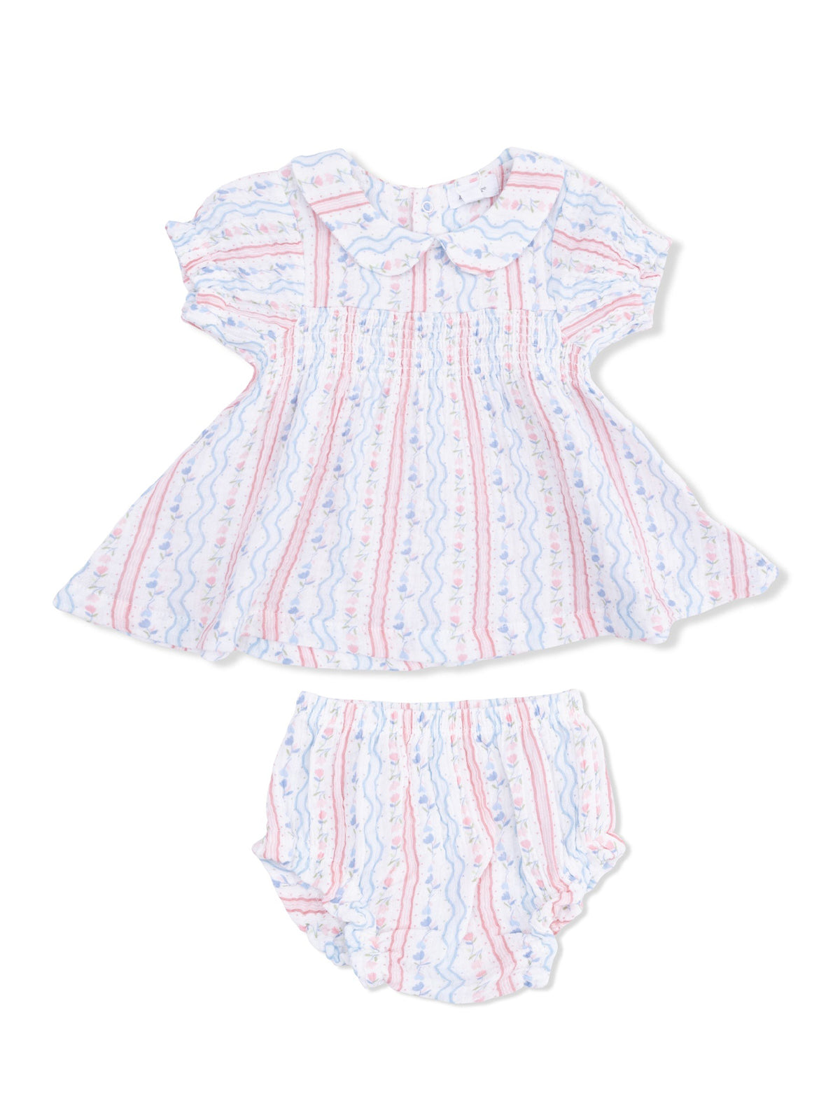 Lightly patterned baby dress and bloomer set in soft colors with a rounded collar and flutter sleeves.