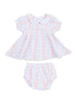 Lightly patterned baby dress and bloomer set in soft colors with a rounded collar and flutter sleeves.