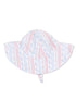 White sun hat with pink and blue floral stripes, featuring a wide brim and a adjustable chin strap.