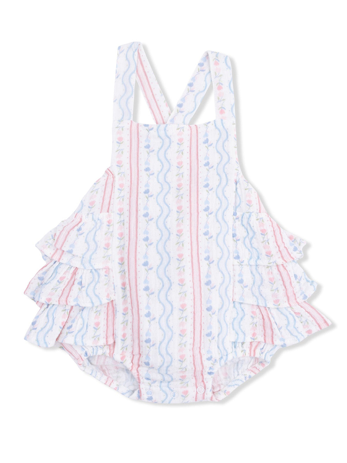 White ruffled one-piece swimsuit with pink and blue floral stripes. Ideal for children’s summer wear.