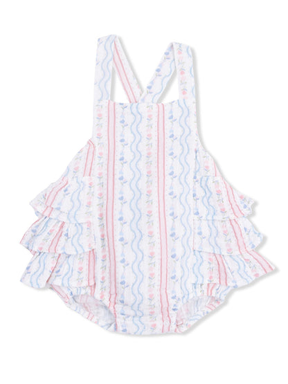 White ruffled one-piece swimsuit with pink and blue floral stripes. Ideal for children’s summer wear.