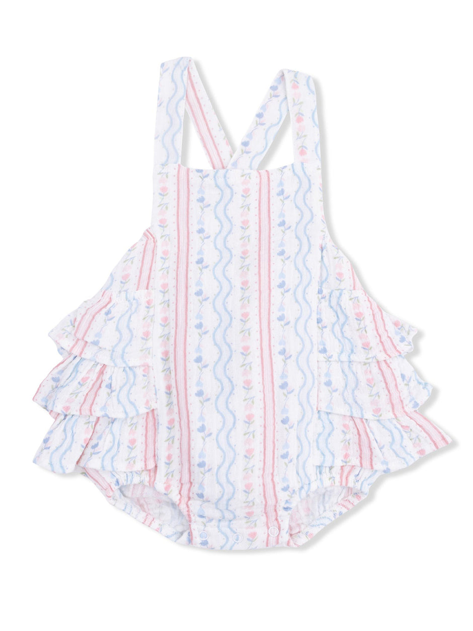 White ruffled one-piece swimsuit with pink and blue floral stripes. Ideal for children’s summer wear.