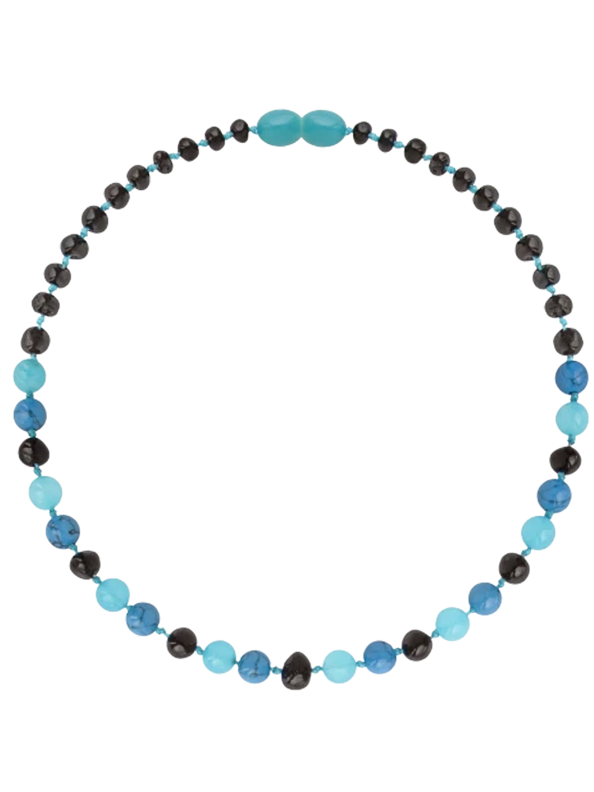 Colorful beaded necklace featuring various shades of blue and black gemstones on a string.