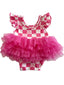 Ruffle Sleeve Tutu Bodysuit, Pink Flower Checkerboard