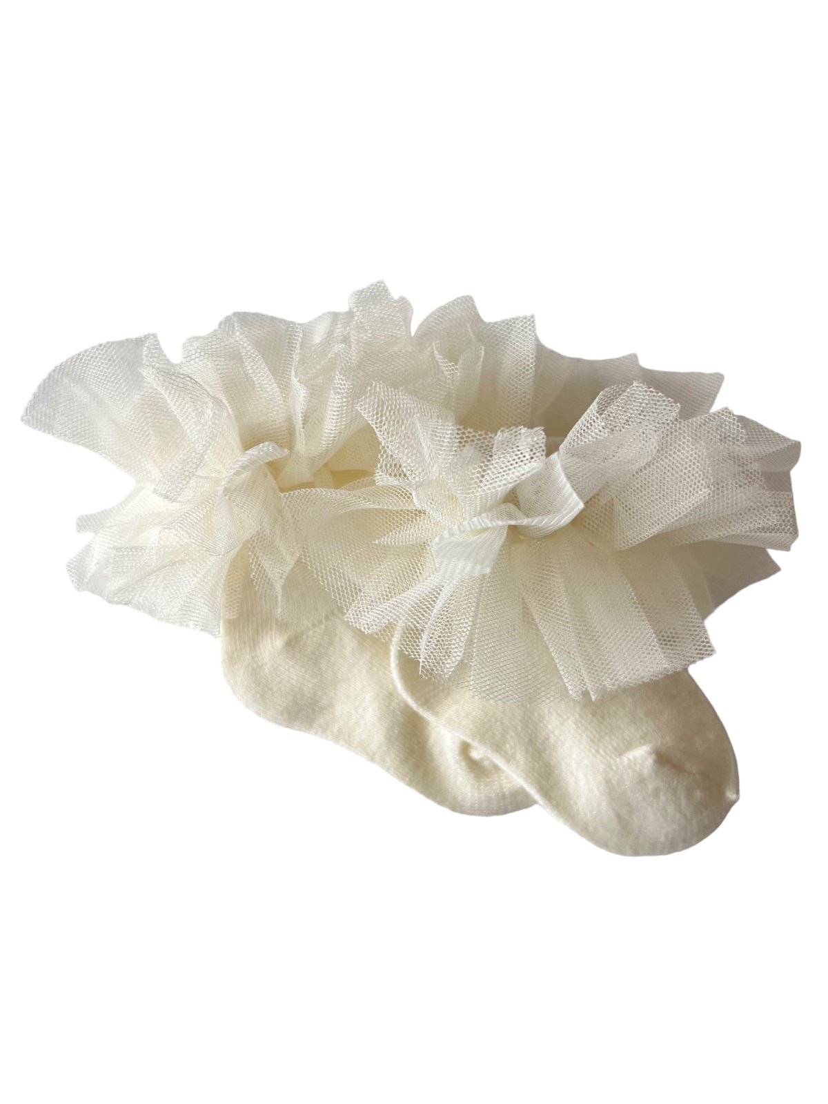 White socks adorned with large, soft tulle ruffles on the cuffs. Perfect for special occasions.