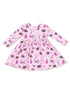Pink dress with football and cheerleading motifs, featuring long sleeves and a gathered skirt.