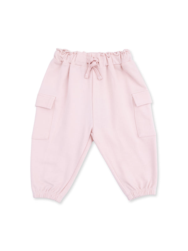 Light pink jogger pants with elastic waistband and side pockets. Ideal for casual or comfortable wear.