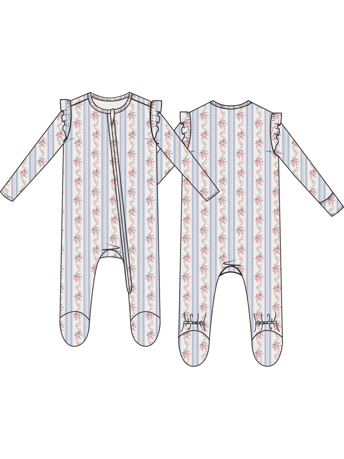 Ruffle Sleeve 2-Way Zip Footie, Anna Floral Stripe