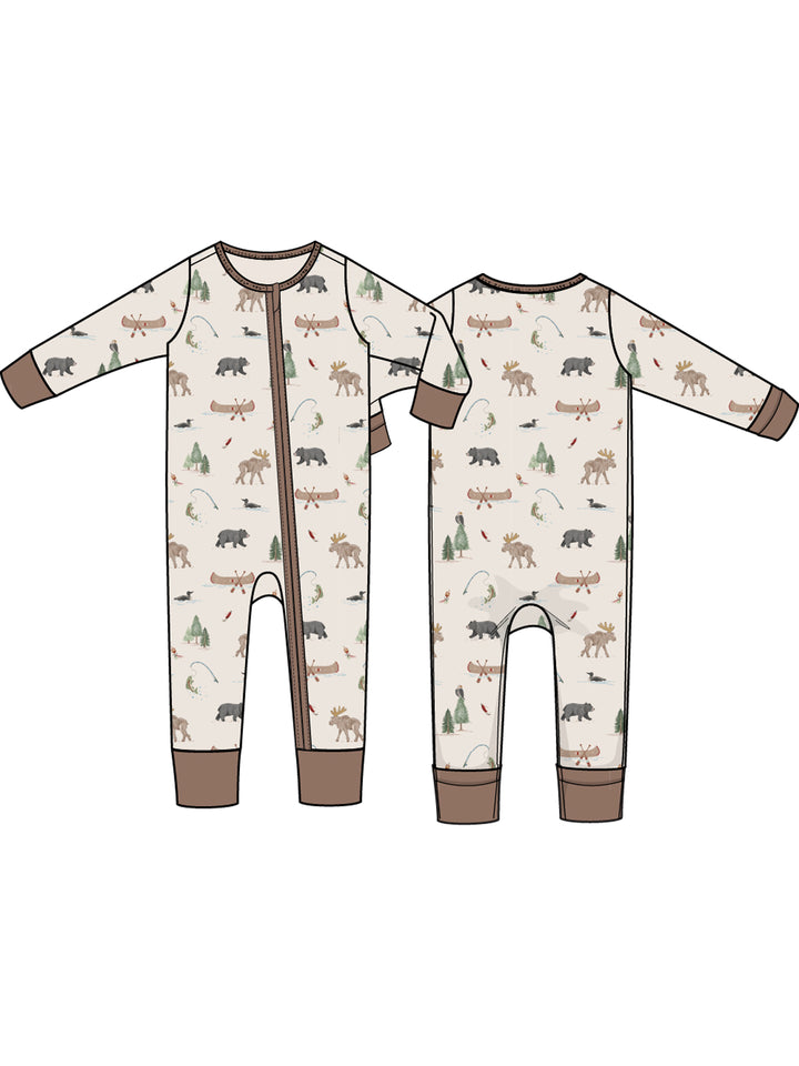 2-Way Zip Romper, Northern Woodland Animals