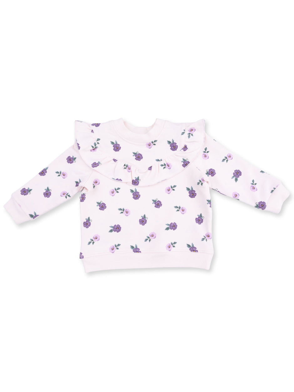 Light pink sweatshirt with purple floral pattern and ruffled collar, suitable for children.
