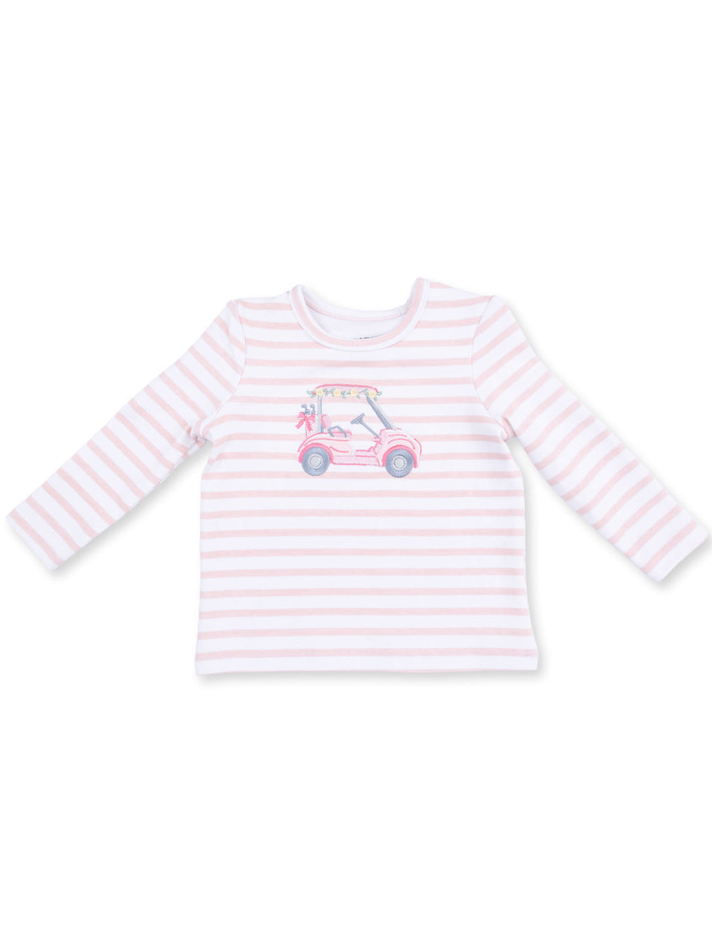 Striped long-sleeve shirt with a golf cart graphic in pink and blue hues, perfect for kids' casual wear.